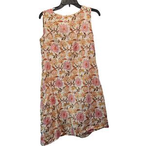 Vintage Floral Shift Midi Dress Sleeveless Beige Pink Flowers Handmade